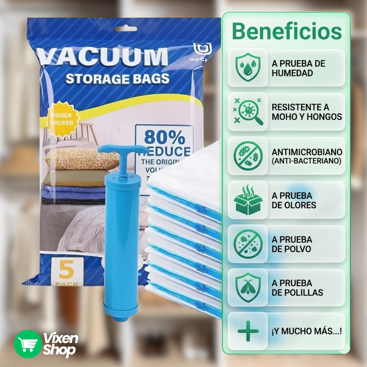 Pack Bolsas al Vacío + Inflador Manual - Hasta un 80% Ahorro de Espacio PRO