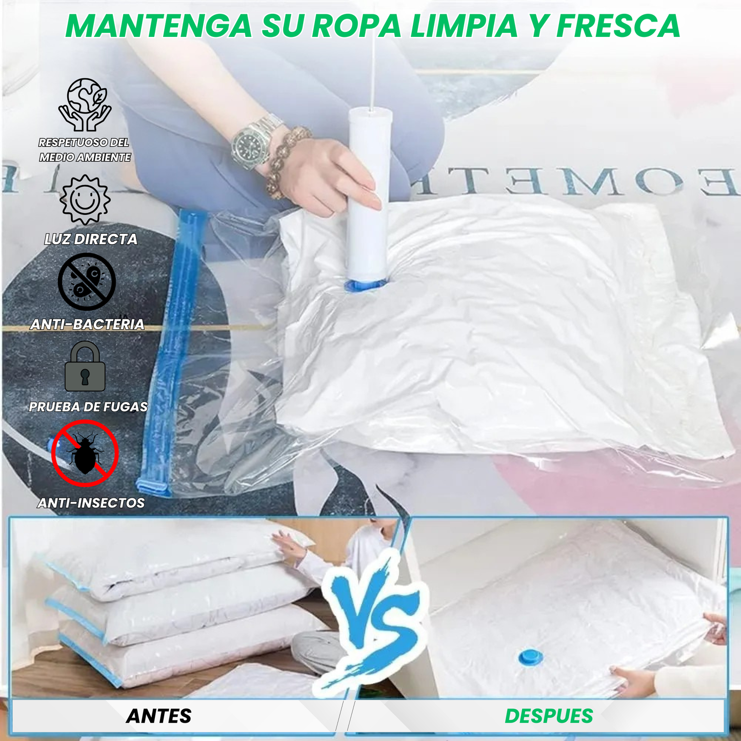 Pack Bolsas al Vacío + Inflador Manual - Hasta un 80% Ahorro de Espacio PRO