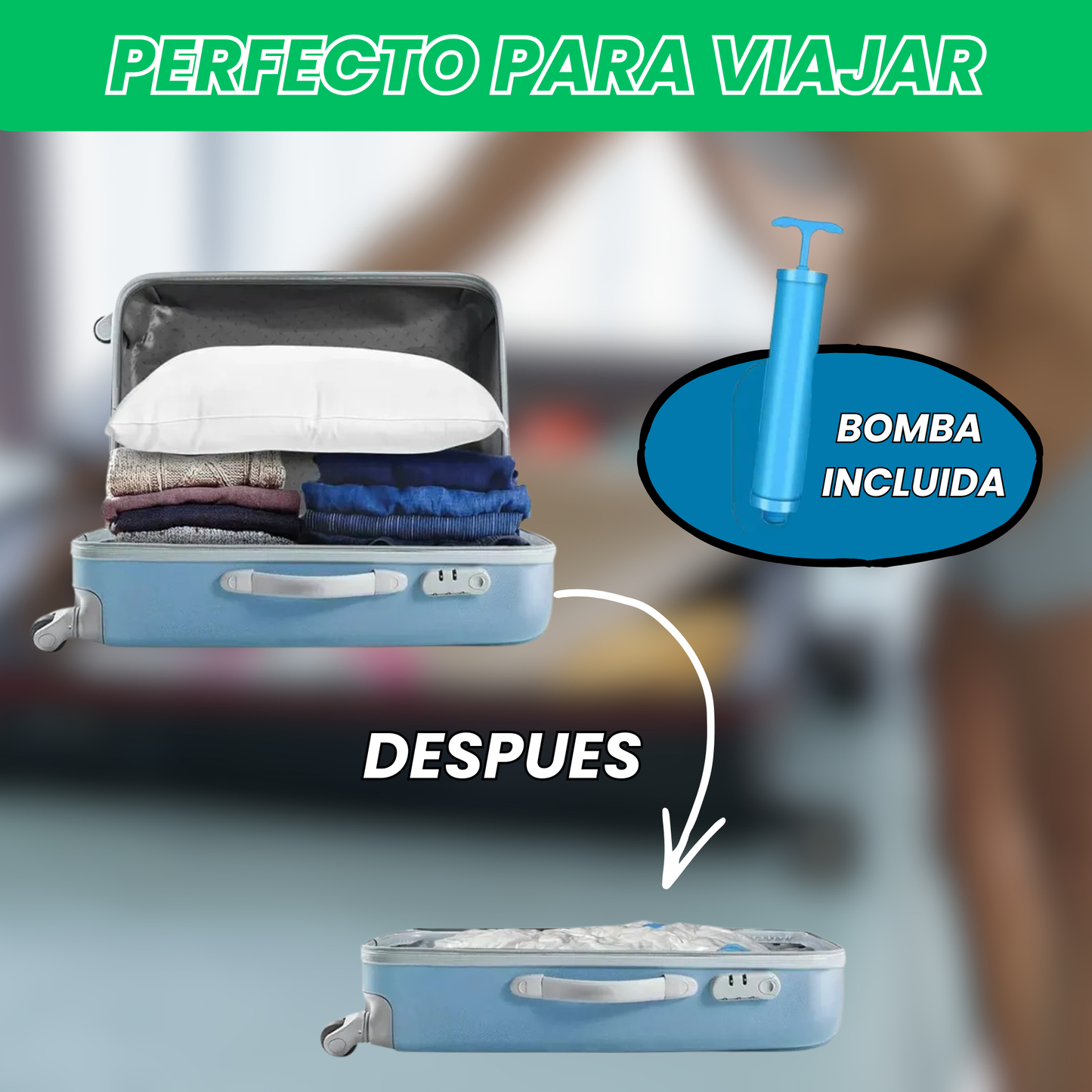 Pack Bolsas al Vacío + Inflador Manual - Hasta un 80% Ahorro de Espacio PRO